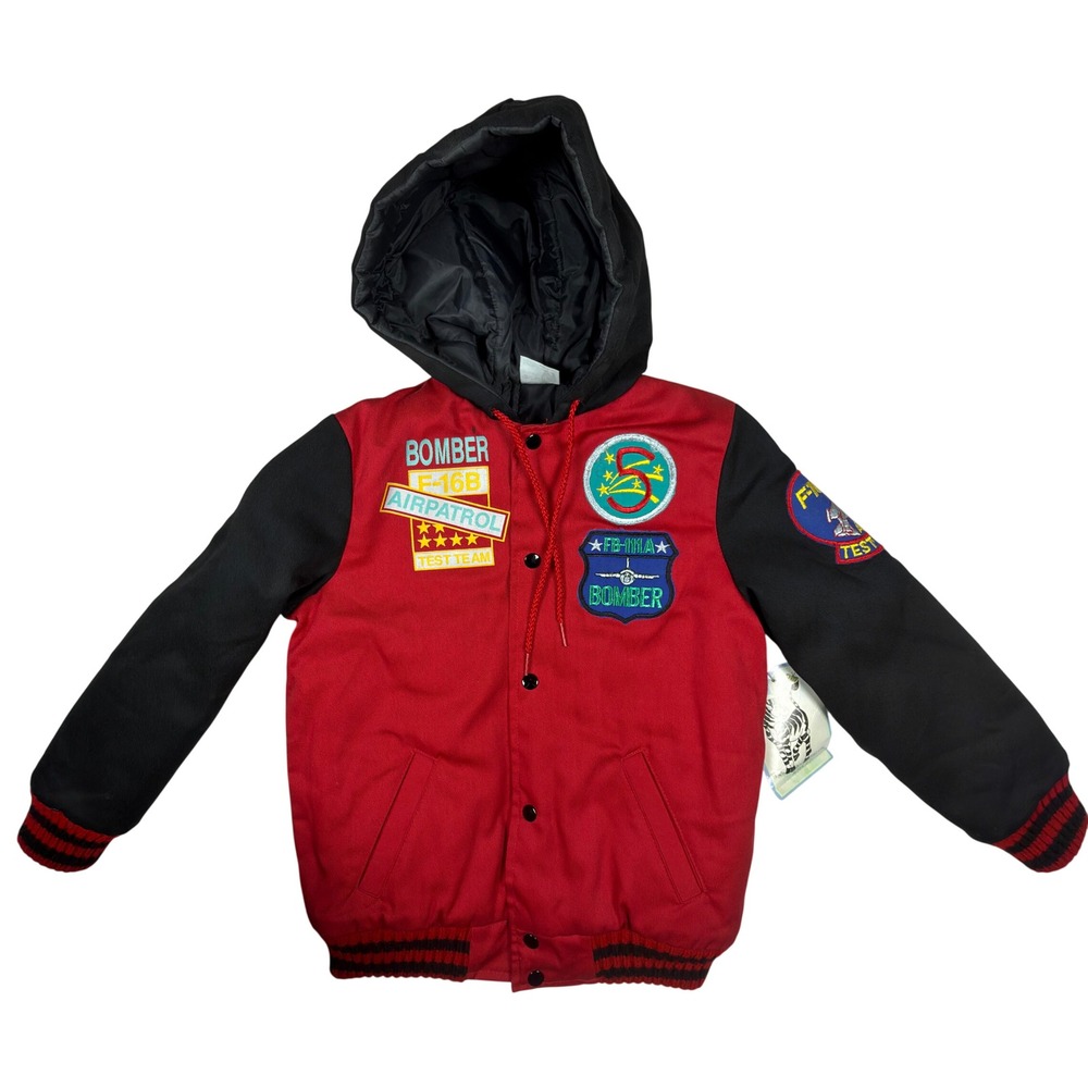 Vintage‎ Sears Boys Red Varsity Bomber Jacket Hooded Patches NWT Size 7 L USA